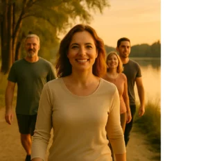 Femme souriante en premier plan, accompagnée d’un groupe mixte marchant au bord du lac – image incarnant les bienfaits du coaching santé sur mesure à Neuchâtel