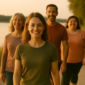 Groupe de femmes et d’hommes en marche au bord du lac, avec une femme souriante regardant la caméra – illustration d’un coaching santé diversifié, humain et motivant à Neuchâtel
