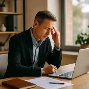 Homme d’affaires en réflexion, manifestement sous pression au bureau, illustrant une surcharge mentale liée à son activité – coaching dirigeant à Neuchâtel