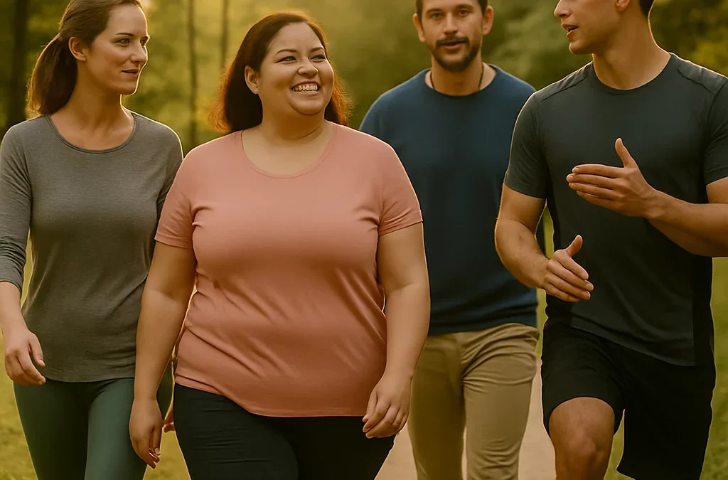 Personnes de profils variés marchant en forêt avec un coach santé à Neuchâtel – coaching personnalisé pour remise en forme, perte de poids, bien-être et performance