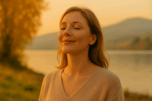 Femme souriante au bord du lac de Neuchâtel au coucher du soleil, symbole de bien-être et d’équilibre retrouvé grâce au coaching personnalisé