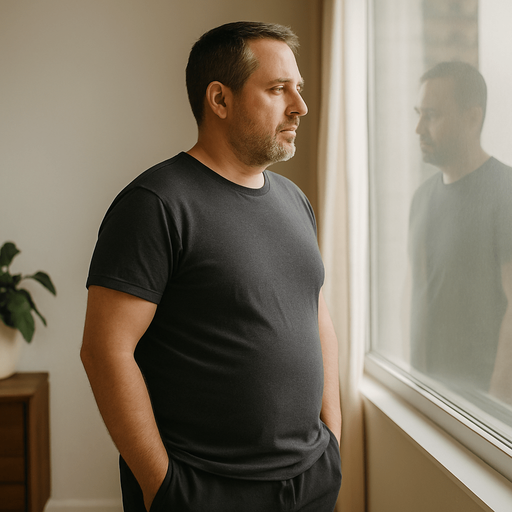 Coaching perte de poids homme à Neuchâtel Photo d’un homme de 45 ans debout, regard posé sur son reflet, début de remise en forme