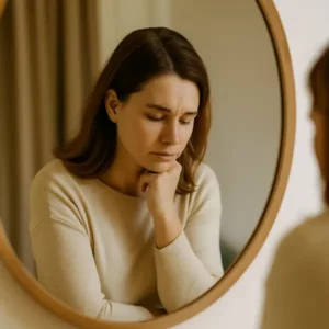 Femme en pull beige, se regardant dans un miroir, lumière douce – introspection sur son corps à Neuchâtel