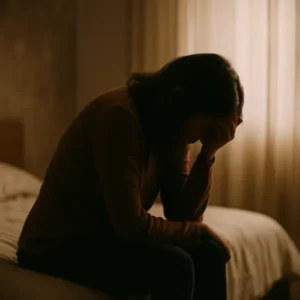 Personne assise au bord du lit, posture fatiguée, lumière douce – surcharge mentale et poids émotionnel