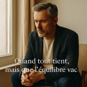 Homme assis, regard vers le sol, en état de tension intérieure stable – coaching stress Neuchâtel