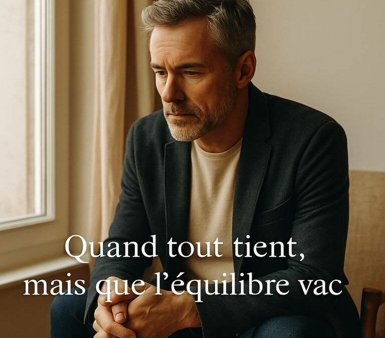 Homme assis, regard vers le sol, en état de tension intérieure stable – coaching stress Neuchâtel