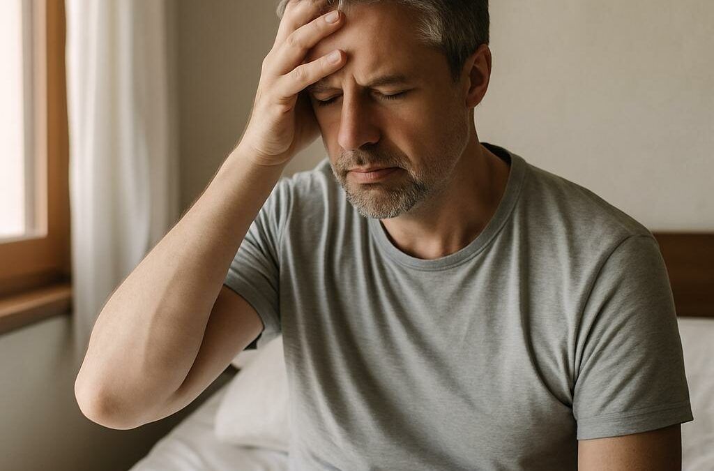 Homme de 50 ans, seul au réveil à Neuchâtel, visage marqué par la fatigue malgré une nuit complète, symbole de stress et de tension accumulée