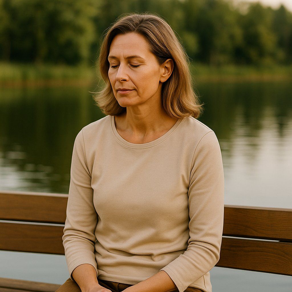 Femme assise sur un banc au bord du lac – Coaching anti-stress & anxiété Neuchâtel Une femme apaisée assise sur un banc au bord du lac à Neuchâtel, symbole de recentrage et de coaching anti-stress & anxiété