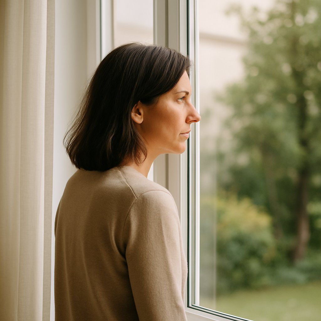 Femme d’une quarantaine d’années regardant par la fenêtre, dans une posture de calme et de réflexion.</p>
<p>