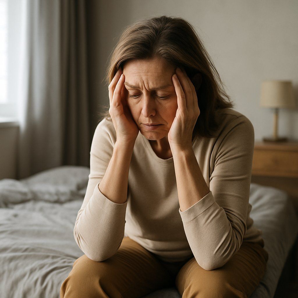 Femme fatiguée – Symptômes du stress chronique Femme d’une cinquantaine d’années assise sur son lit, les mains sur les tempes, visiblement épuisée.