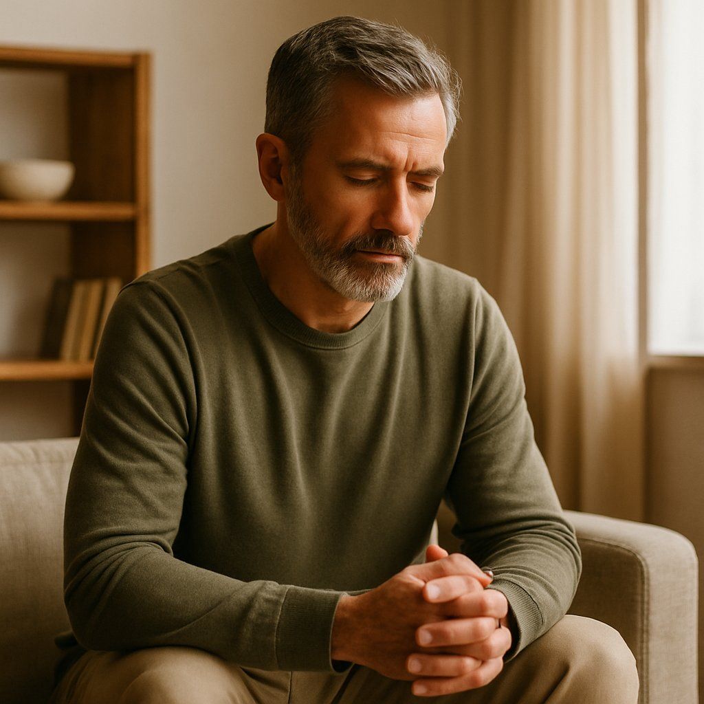 Homme en recentrage – Coaching anti-stress Neuchâtel Homme de 50 ans assis seul dans un salon lumineux, les mains jointes, le regard baissé, en pleine introspection.