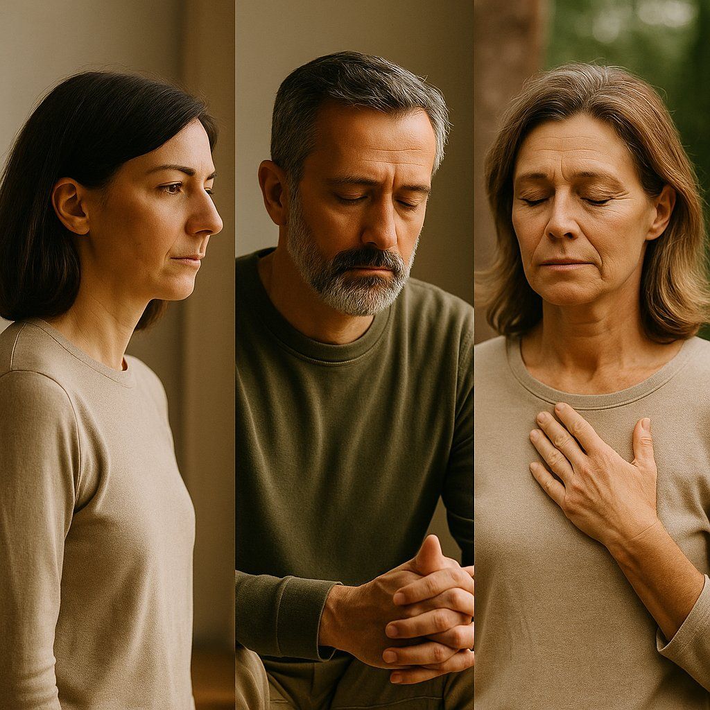 3 profils stress et recentrage – coaching anti-stress Neuchâtel Trois personnes de 40 à 60 ans exprimant différentes formes de stress et de recentrage : une femme tendue, un homme en introspection, une femme posant la main sur sa poitrine dans un moment de retour à soi.