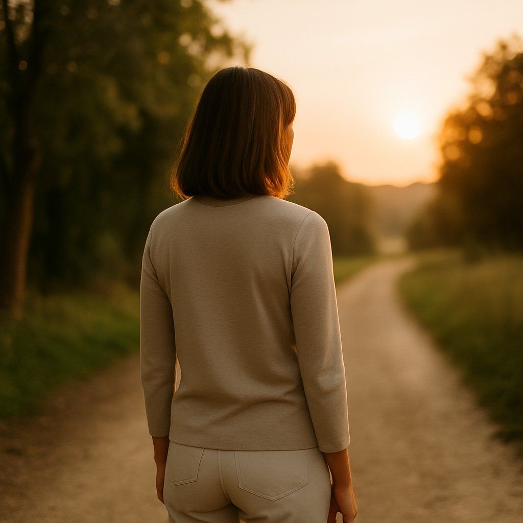 Chemin de lumière – décision intérieure en coaching Femme debout sur un chemin au coucher du soleil, tournée vers l’horizon, dans une lumière dorée.