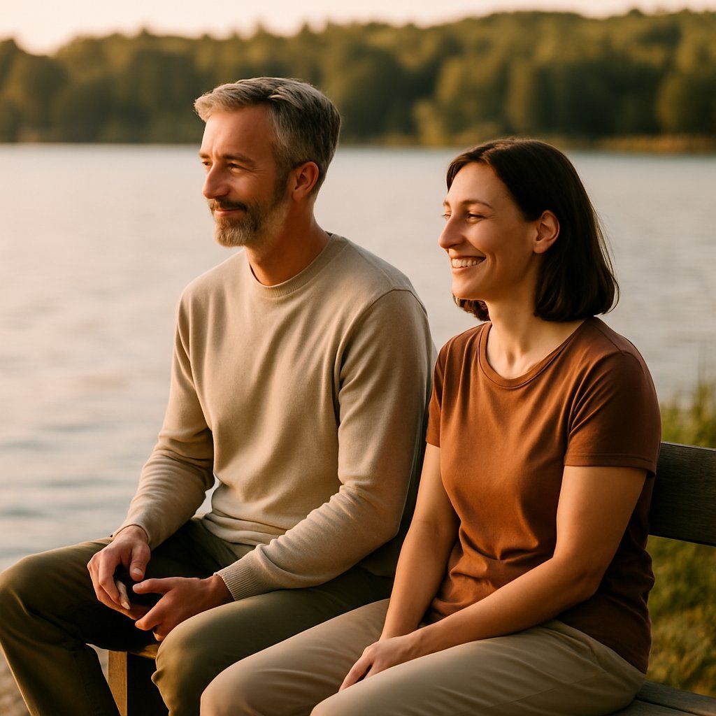 Séance de coaching au bord du lac – lumière douce et présence partagée Coach et cliente assis sur un banc en bois au bord d’un lac de Neuchâtel, souriants, dans une lumière dorée du soir.