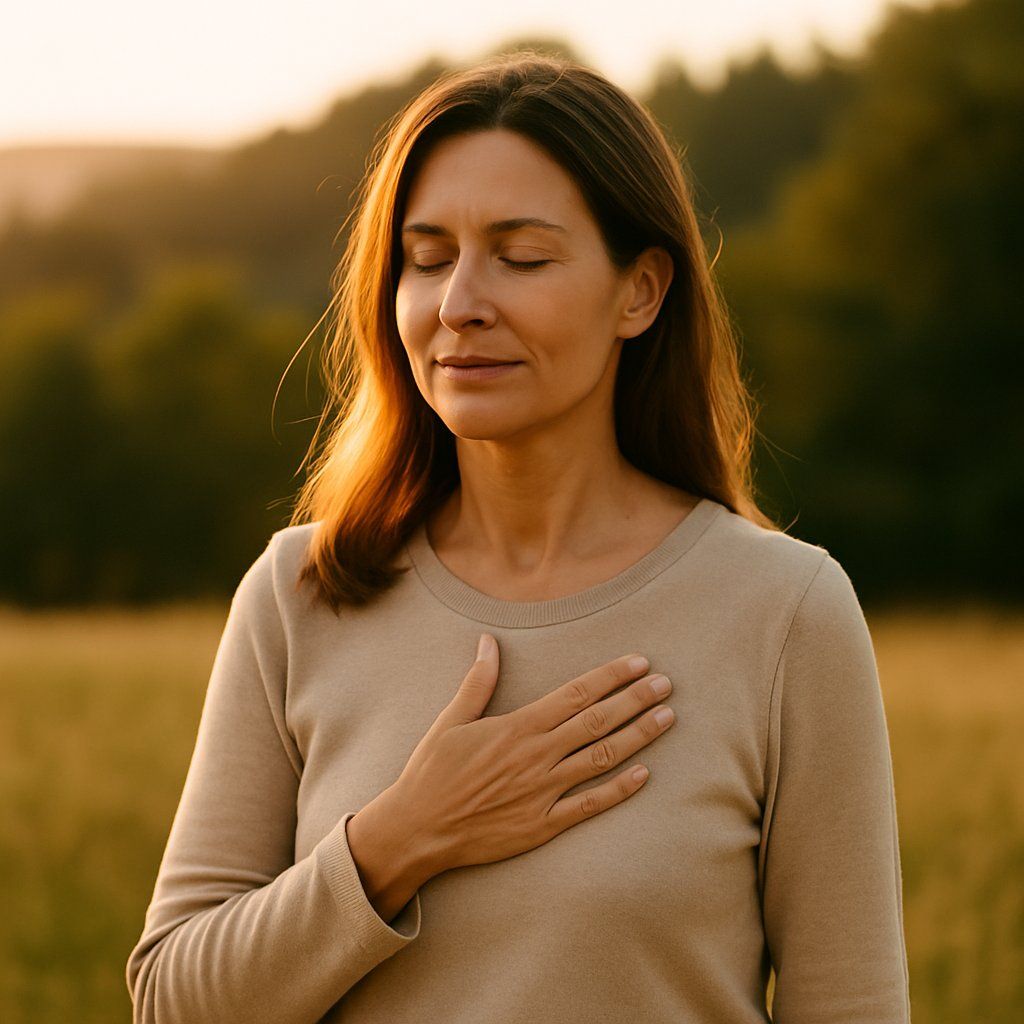 Femme sereine en nature – recentrage intérieur au coucher du soleil Femme debout dans un champ, main posée sur la poitrine, yeux fermés, en pleine présence silencieuse au coucher du soleil.