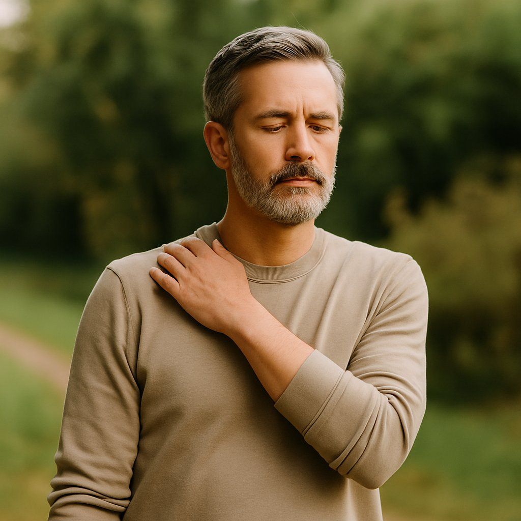 Homme relâchant ses épaules – Coaching corps et mental Neuchâtel Homme debout dans un chemin boisé, les yeux fermés, en train de relâcher les épaules avec calme.