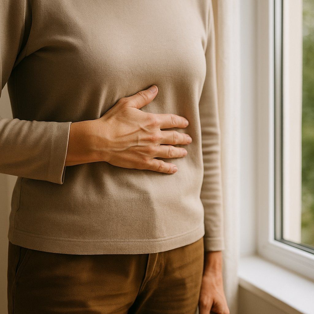 iMain posée sur le ventre – retour à soi et calme intérieur Gros plan d’une main posée sur le ventre d’une personne près d’une fenêtre