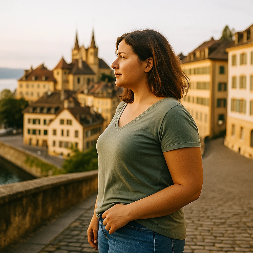Coaching perte de poids à Neuchâtel – retrouver confiance et énergie Femme debout en ville à Neuchâtel, lumière naturelle du soir – coaching perte de poids personnalisé