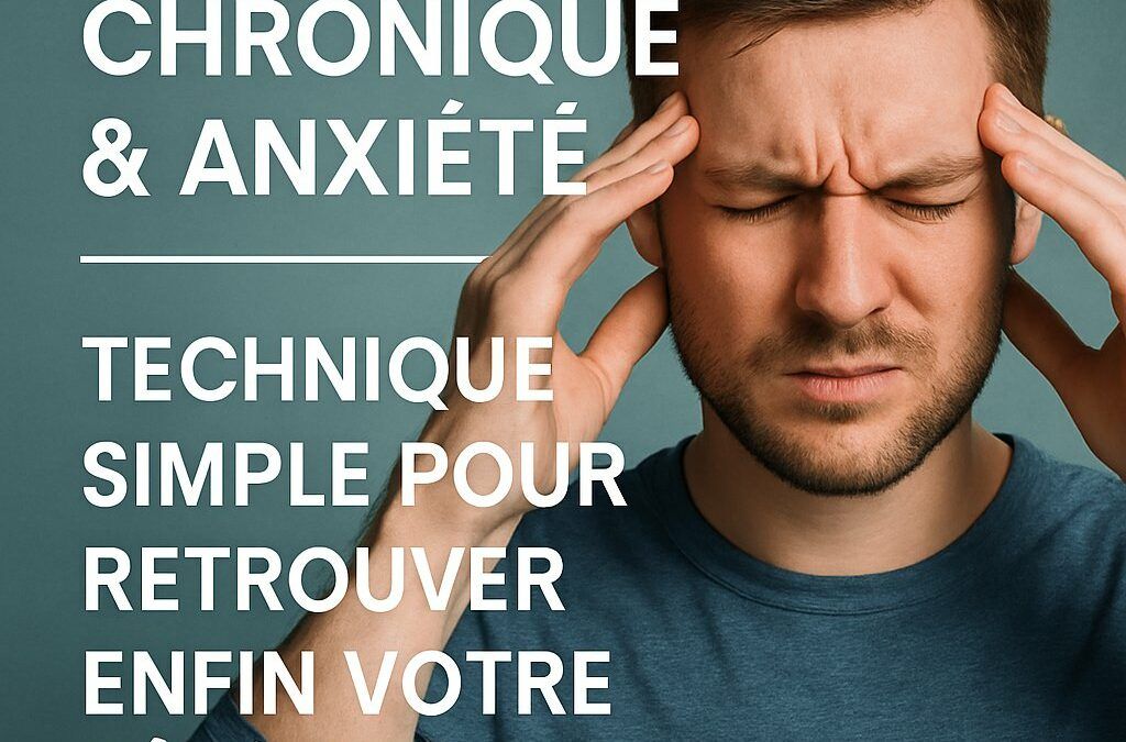 Homme stressé touchant ses tempes, image représentant le stress chronique et l’anxiété avec une solution concrète pour retrouver la sérénité