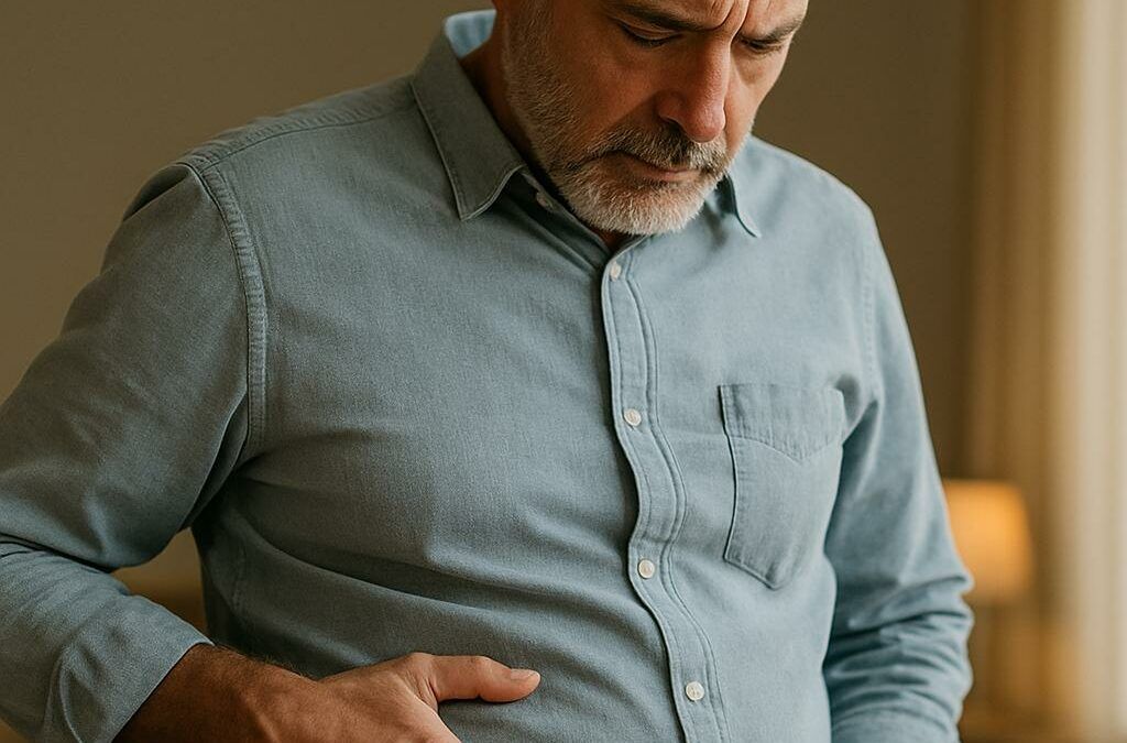 Homme de 50 ans posant une main sur son ventre, exprimant une tension liée au stress chronique et à la prise de poids abdominale