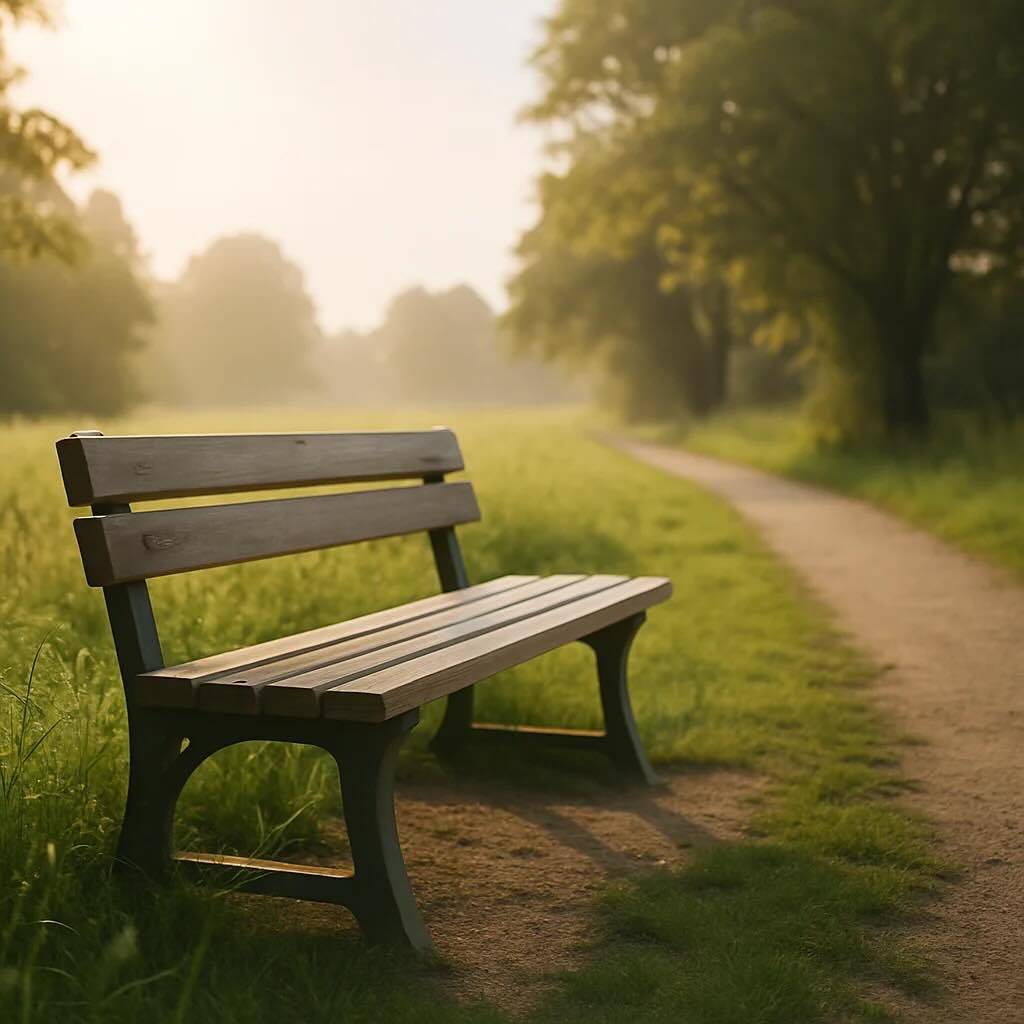 Banc en bois vide au bord d’un chemin en pleine nature, sous la lumière du matin à Neuchâtel