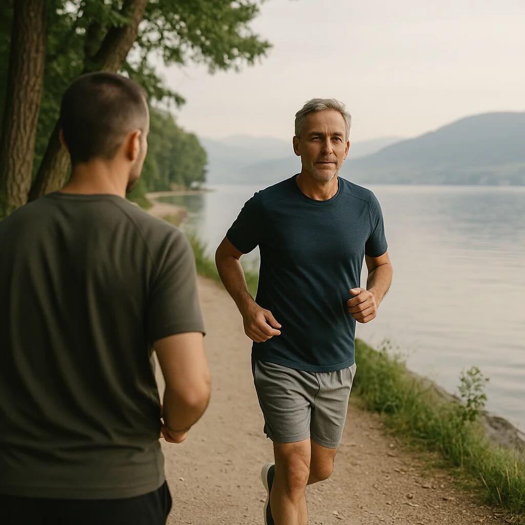 Course au bord du lac de Neuchâtel – coaching sportif et santé homme 50 ans Homme de 50 ans courant au bord du lac de Neuchâtel, accompagné par son coach sportif , dans une ambiance naturelle et calme