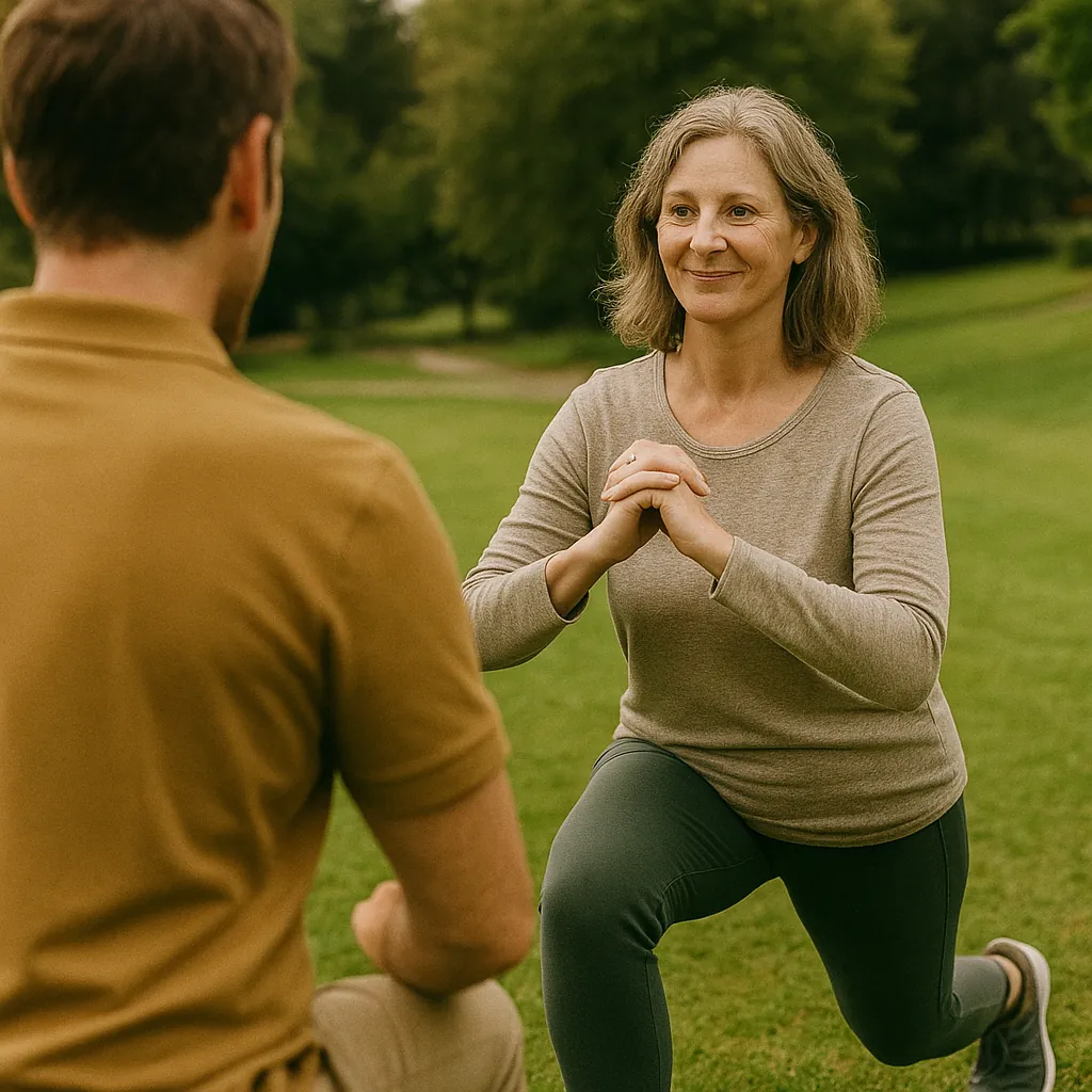 coaching-remise-forme-exterieur-neuchatel. Femme active en séance de coaching remise en forme à Neuchâtel, encadrée en plein air par son coach.