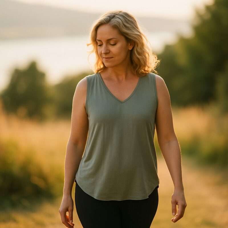 Femme se recentrant après un traitement pour maigrir – Neuchâtel coaching pour se reconnecter à son corps après Wegovy – Neuchâtel