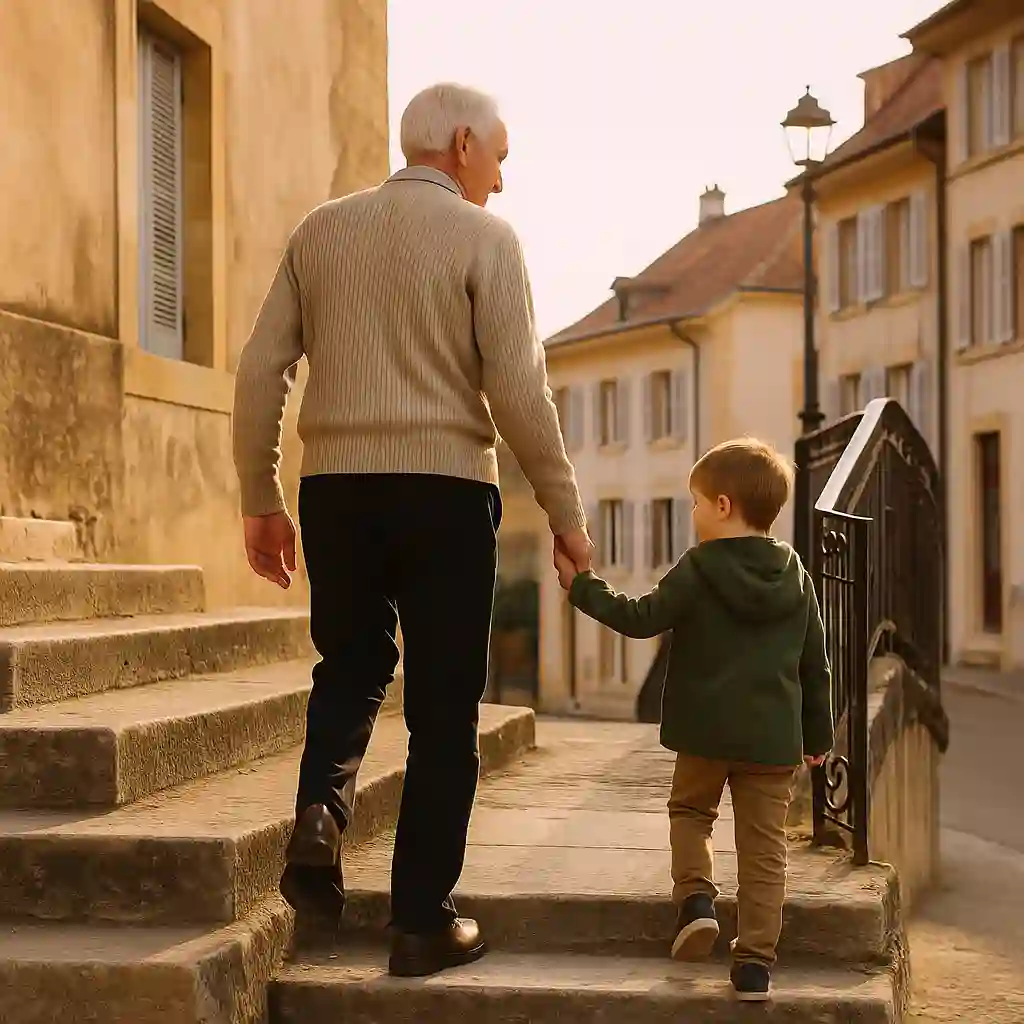 Préserver son autonomie à Neuchâtel – Coaching remise en forme personnalisé Homme senior montant des marches avec son petit-fils à Neuchâtel – coaching remise en forme pour préserver l’autonomie