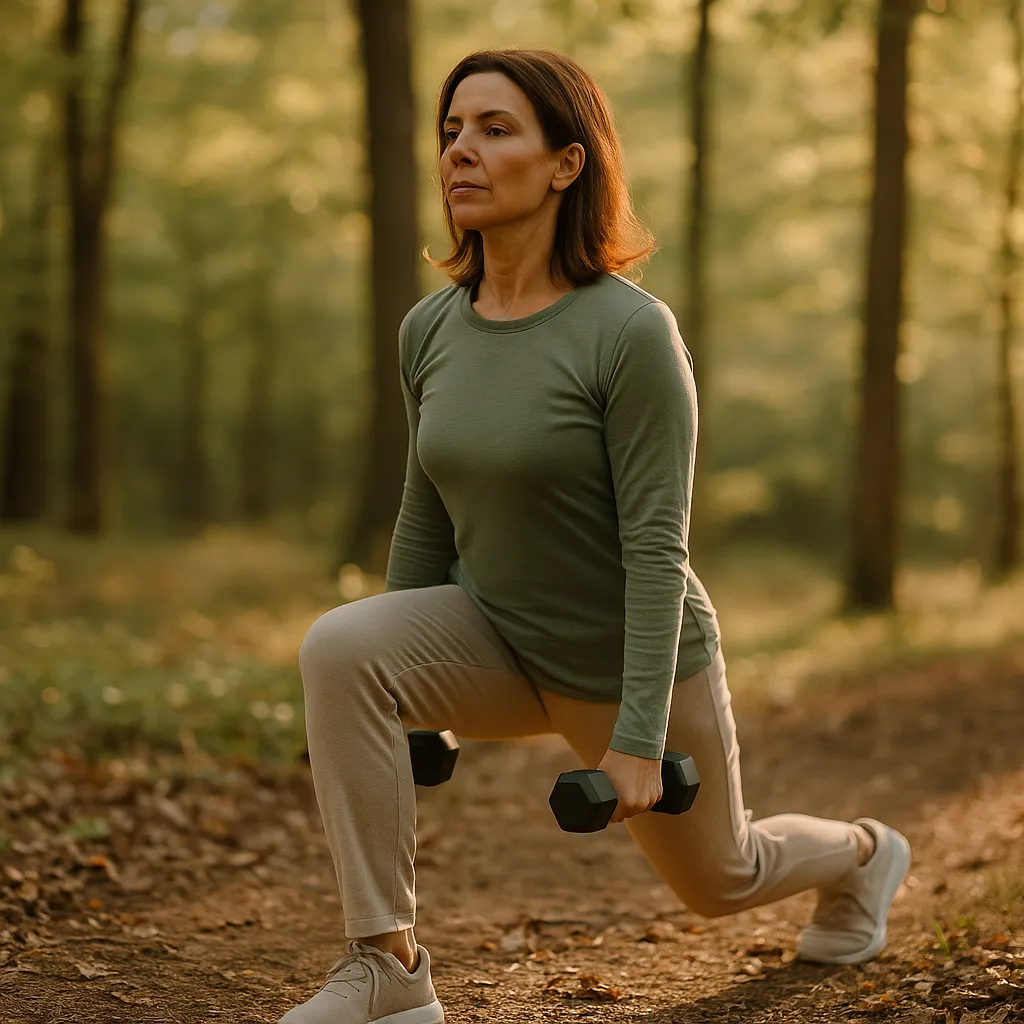 Femme en fente avant avec haltères dans une forêt à Neuchâtel
