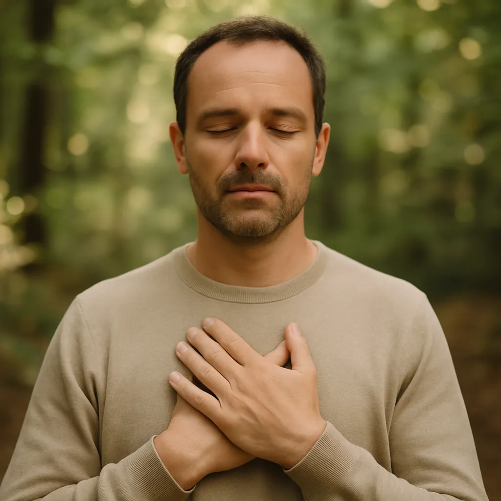 Dirigeant en posture d’introspection, mains sur le cœur, dans un sous-bois à Neuchâtel