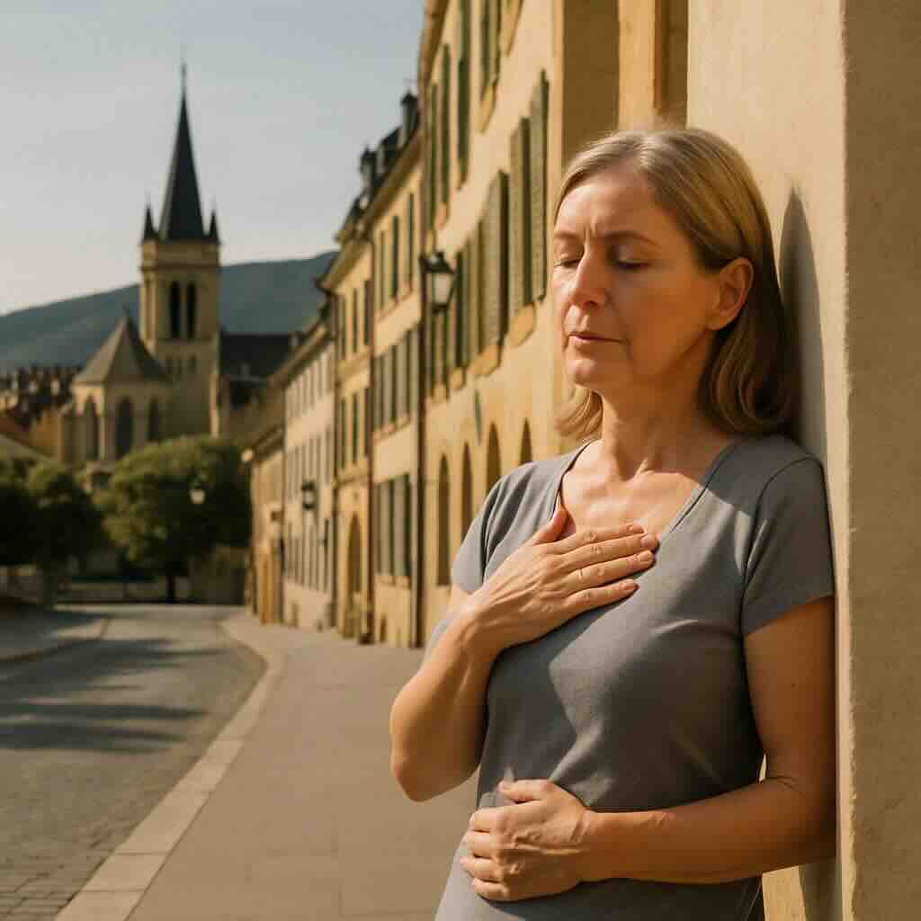 Respiration consciente en centre-ville de Neuchâtel – coaching santé Femme de 55 ans les yeux fermés, appuyée contre un mur du centre historique de Neuchâtel, main sur le ventre