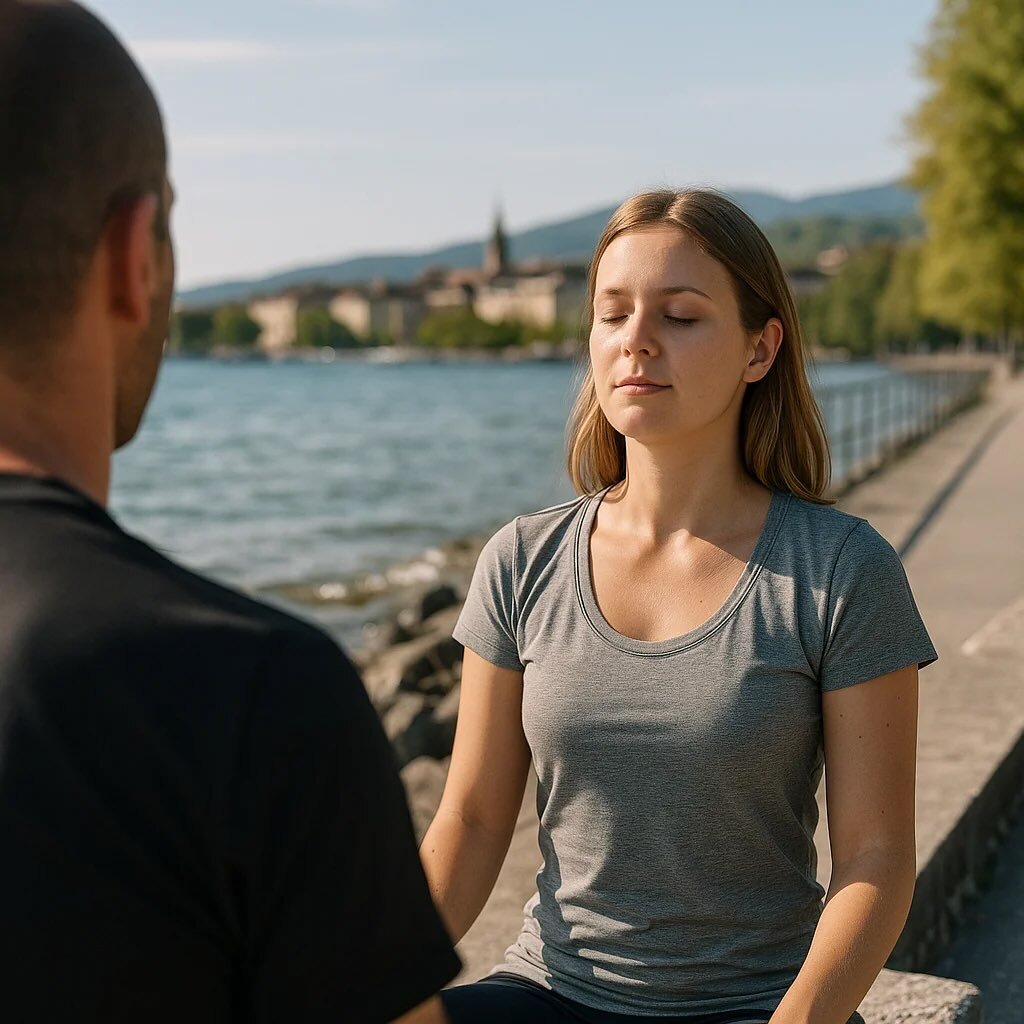 Coaching respiration au bord du lac de Neuchâtel – femme Jeune femme en séance de respiration guidée au bord du lac de Neuchâtel avec son coach