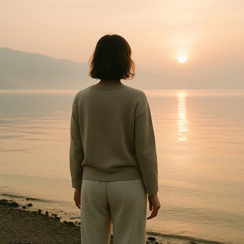 Libération des tensions face au lac de Neuchâtel – séance corps et mental Femme debout face au lac de Neuchâtel au lever du soleil, posture détendue, incarnant la libération des tensions physiques et mentales dans un cadre naturel.