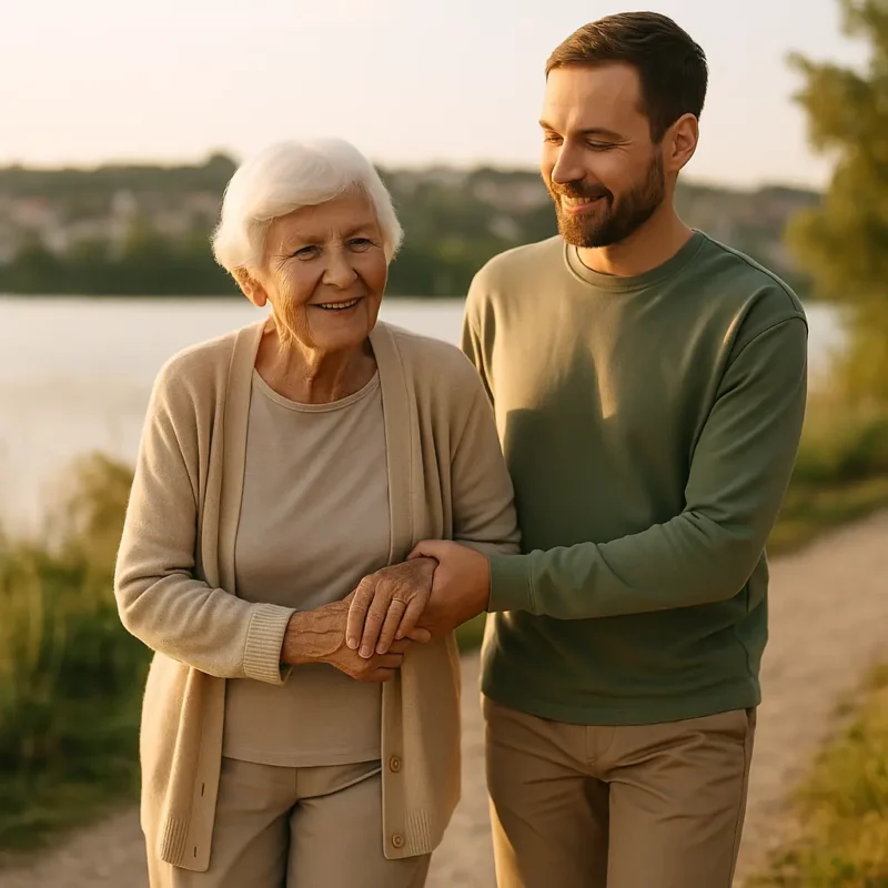 Aider un parent âgé à retrouver sa mobilité à Neuchâtel David Juncker accompagne une femme âgée en convalescence pour une marche douce au bord du lac à Neuchâtel
