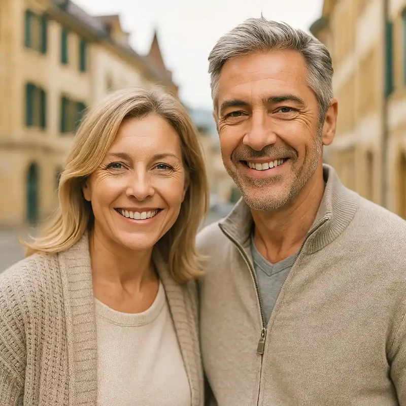 Coaching Anti-Âge à Neuchâtel – Couple mature souriant Homme et femme de 50 ans souriants dans les rues de Neuchâtel – image de vitalité et longévité naturelle