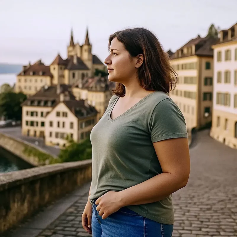 coaching-perte-poids-neuchatel femme et homme Femme debout en ville à Neuchâtel, lumière naturelle du soir – coaching perte de poids personnalisé
