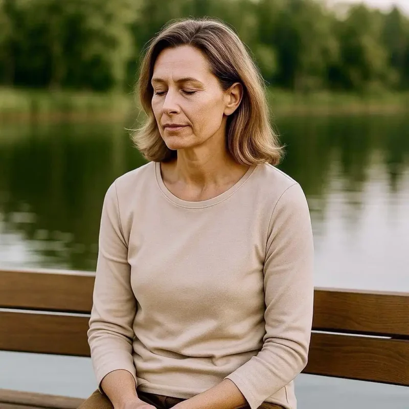 femme programme-anti-stress-gestion-anxiete-neuchatel Une femme apaisée assise sur un banc au bord du lac à Neuchâtel, symbole de recentrage et de coaching anti-stress & anxiété