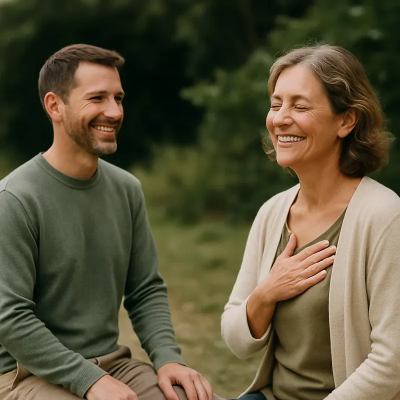 relation-apaisee-transcendance-neuchatel Moment de recentrage partagé entre un coach et une femme en confiance, sourire calme, lumière naturelle extérieure