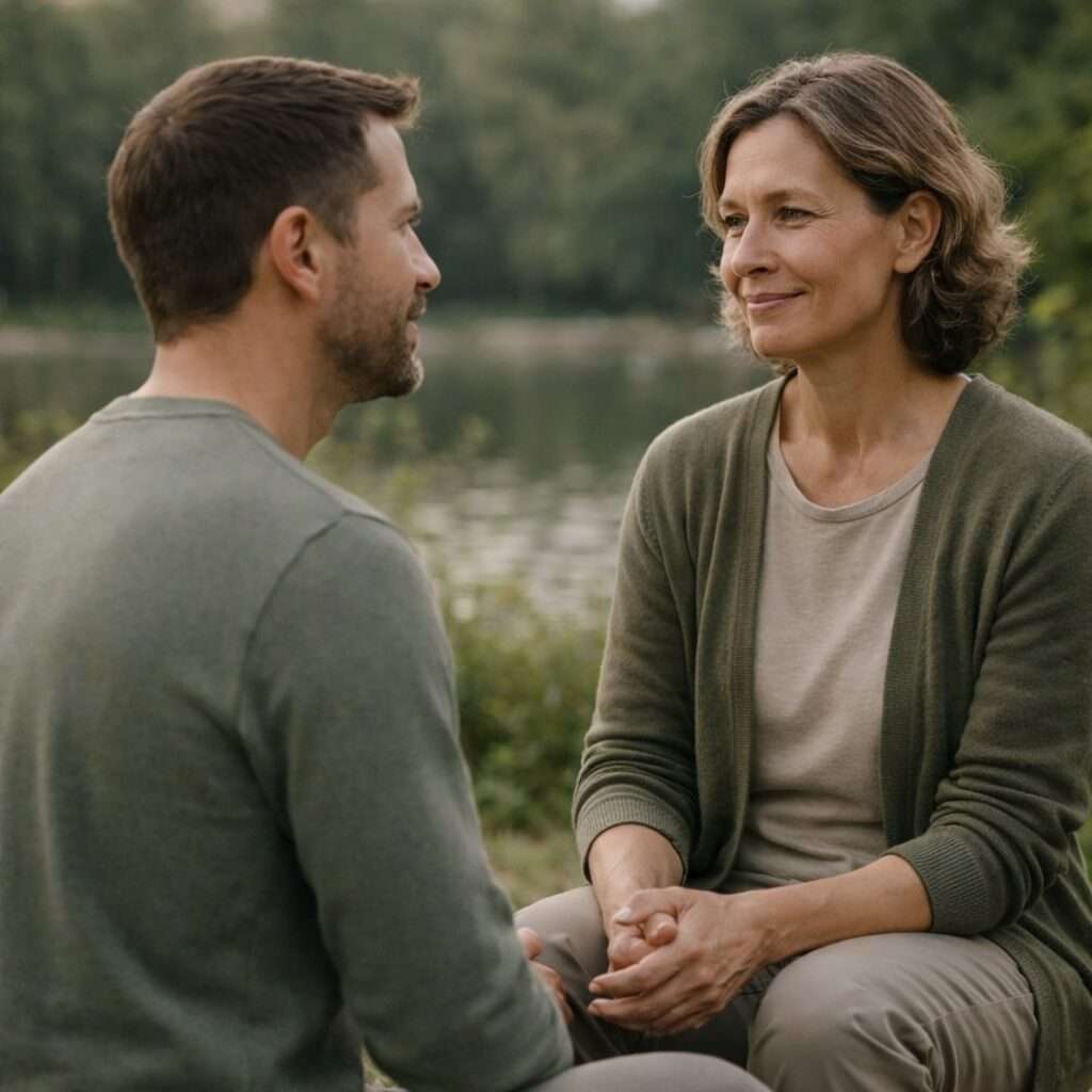 Coaching anti-stress à Neuchâtel – accompagnement individuel dans un cadre sécurisé Moment d’échange calme entre un coach et une personne accompagnée à Neuchâtel, illustrant un coaching anti-stress individuel basé sur l’écoute, la sécurité et l’apaisement progressif.