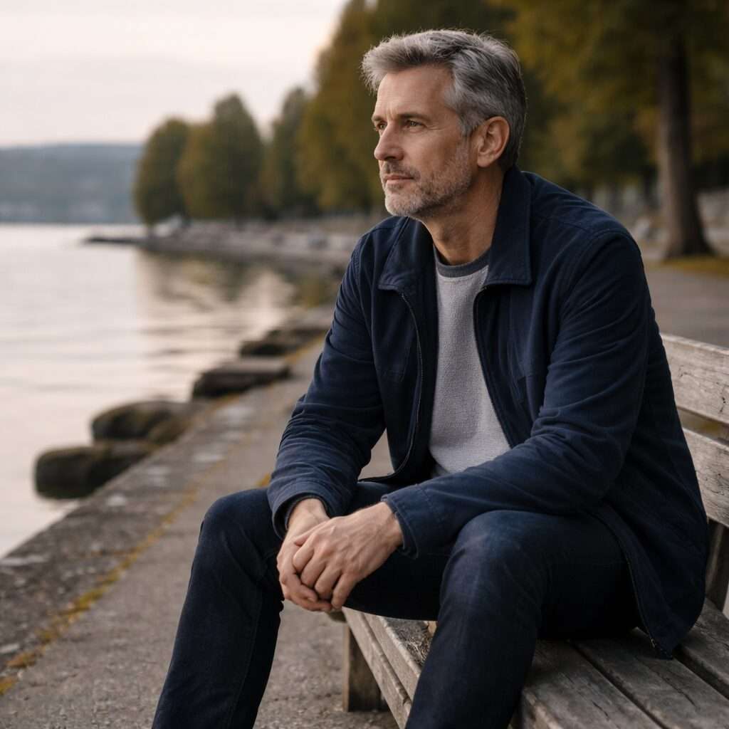 Homme adulte assis à Neuchâtel, posture calme et regard posé, illustrant une pression intérieure durable et un accompagnement anti-stress individuel.