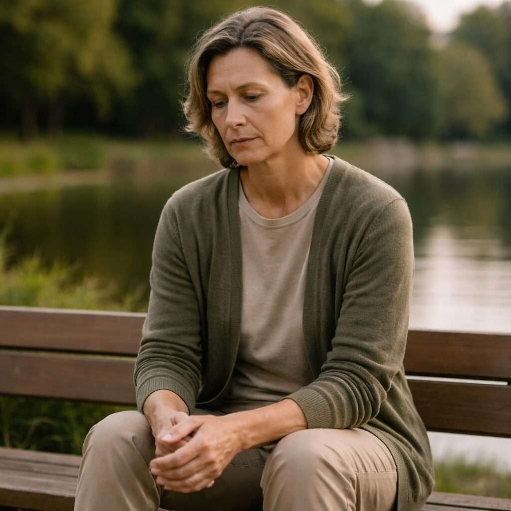 Coaching anti-stress à Neuchâtel – apaiser la surcharge intérieure Personne adulte assise à Neuchâtel, posture contenue et regard intérieur, illustrant la surcharge mentale et le point de départ d’un coaching anti-stress individuel.