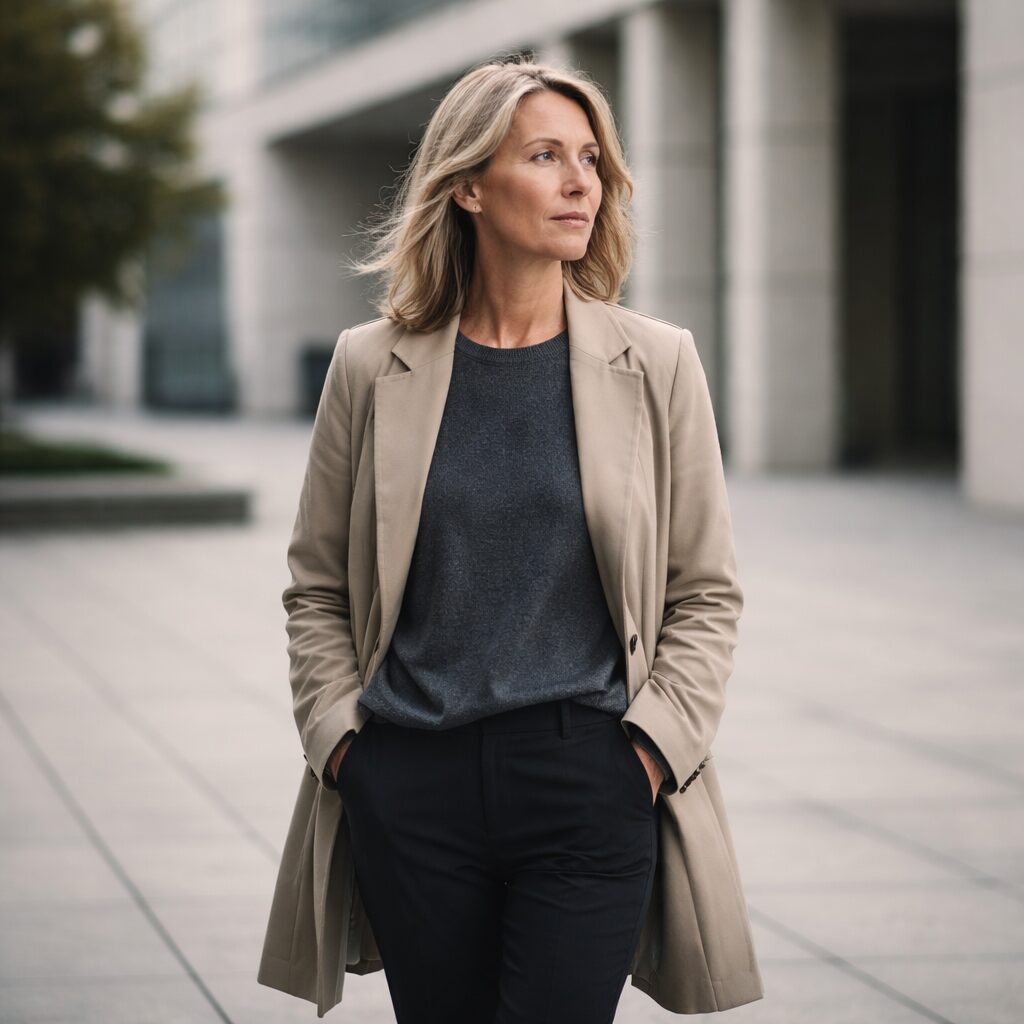 Femme en responsabilité marchant calmement dans un environnement professionnel à Neuchâtel, illustrant un accompagnement individuel confidentiel pour dirigeants et cadres