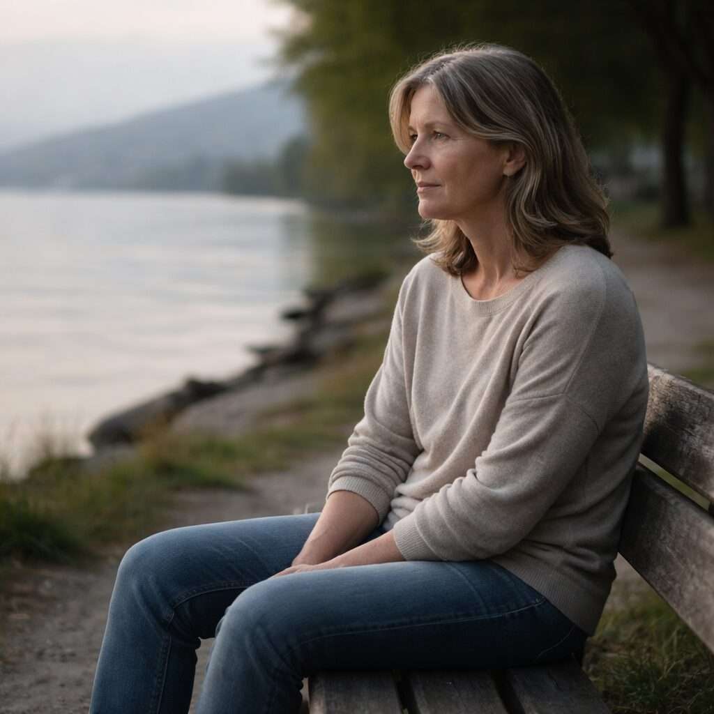 Coaching perte de poids à Neuchâtel – relation apaisée au corps Femme adulte assise sur un banc au bord du lac de Neuchâtel, exprimant une réflexion calme et une surcharge mentale liée au poids