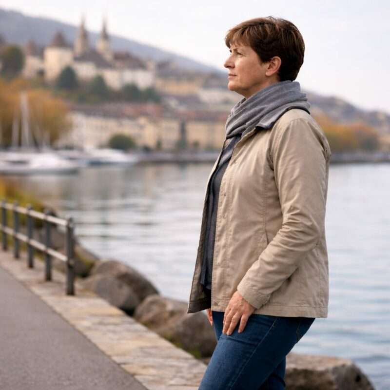 Coaching perte de poids à Neuchâtel – accompagnement individuel et progressif Personne adulte en surpoids modéré, debout au bord du lac de Neuchâtel, illustrant un accompagnement en coaching perte de poids individuel et respectueux.