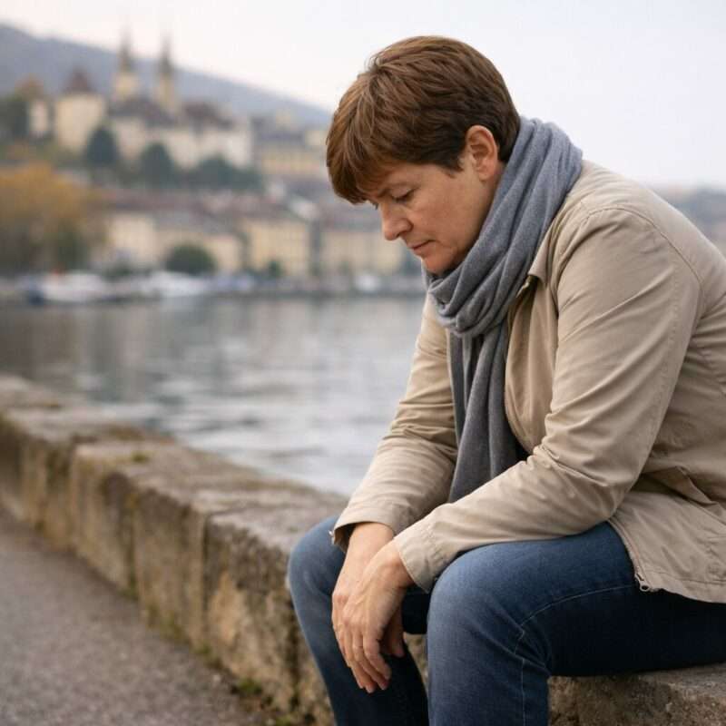 Coaching perte de poids à Neuchâtel – surcharge émotionnelle et accompagnement individuel Personne adulte assise sur un banc à Neuchâtel, exprimant la surcharge émotionnelle, la fatigue intérieure et le point de départ d’un coaching perte de poids individuel.