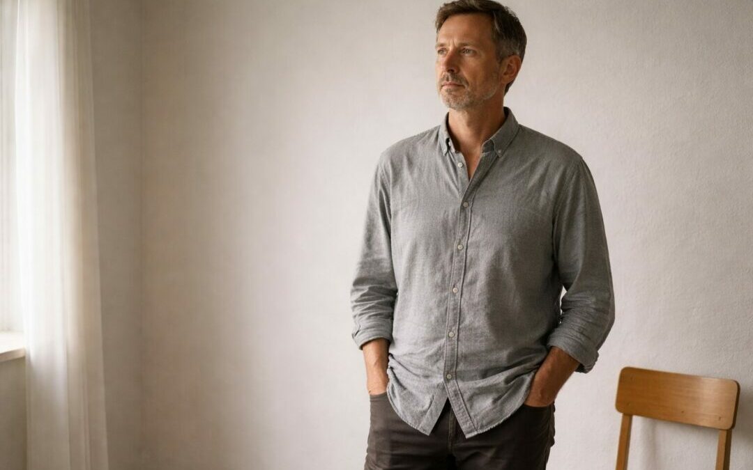 Homme adulte immobile près d’une fenêtre, lumière naturelle douce, posture calme et contenue