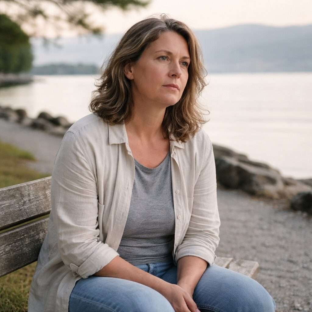 Femme adulte assise calmement au bord d’un lac à Neuchâtel, posture posée et regard tourné vers l’extérieur