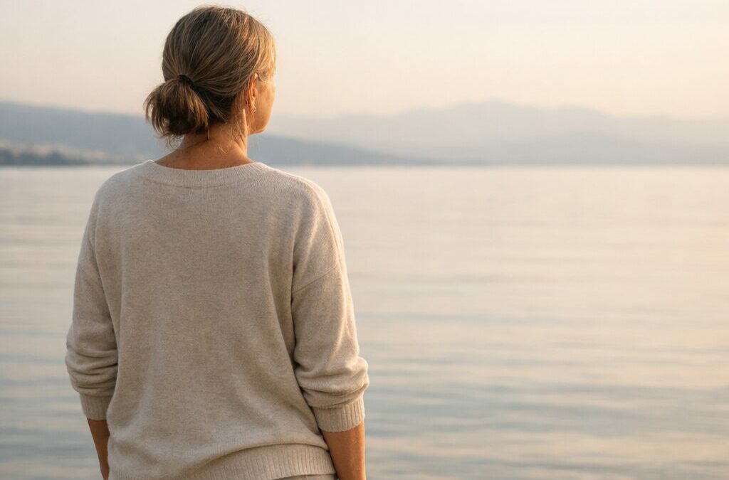 Femme adulte regardant le lac de Neuchâtel, illustrant une relation apaisée au corps, à la santé et à l’énergie