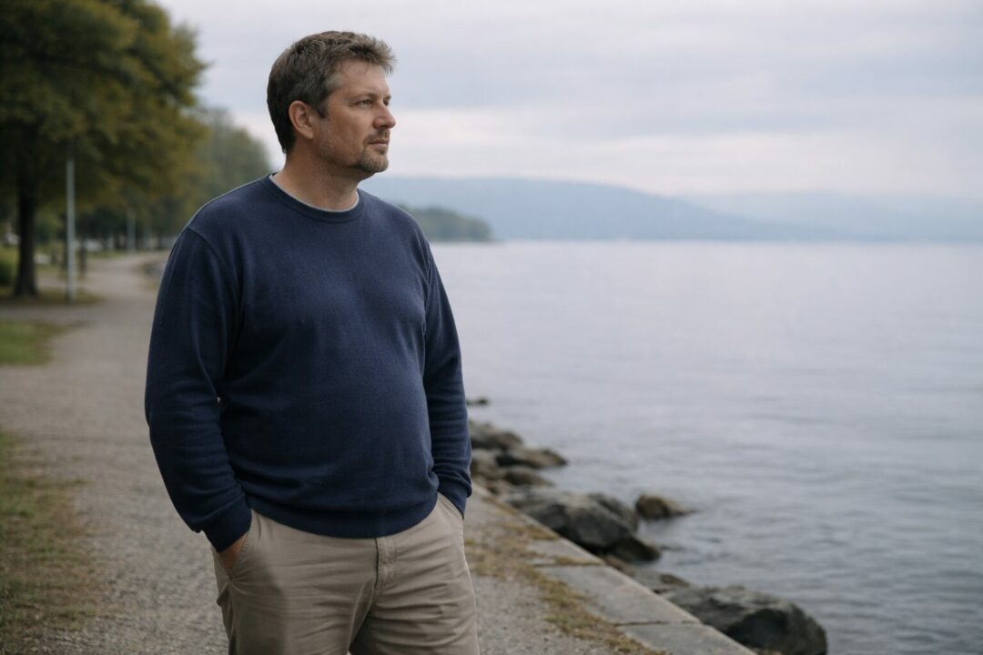 Homme de 40 ans à Neuchâtel, silhouette naturelle avec ventre légèrement présent, illustrant une prise de conscience du poids et un accompagnement perte de poids sans régime.